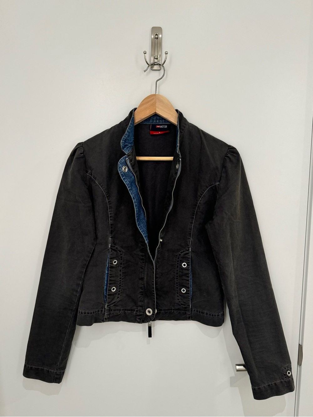 Y2K Utility Moto Jacket with Puff Sleeves & Denim Trim